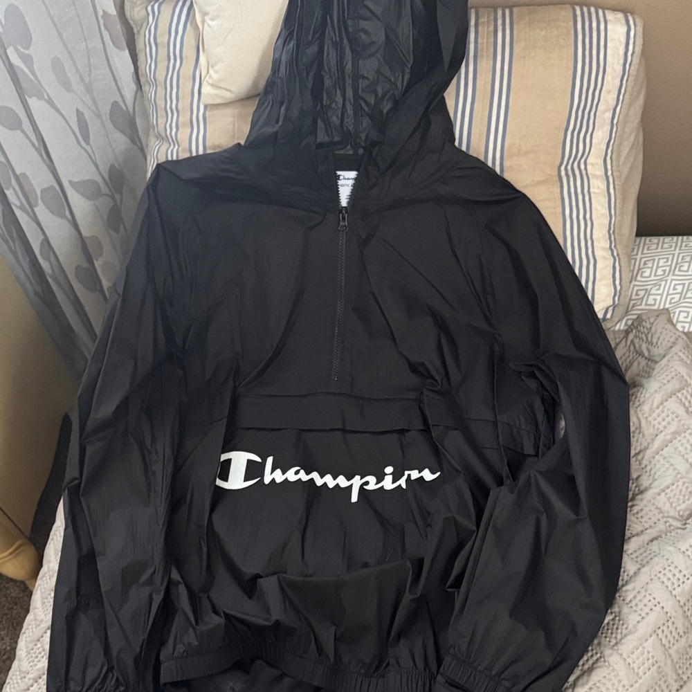 Champion Black Pullover Hooded Windbreaker with Logo